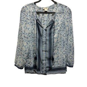 Lucky Brand Women's Long Sleeve Sheer Boho Floral Print Blouse Size Medium Blue